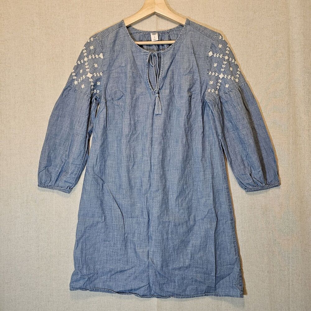OLD NAVY Womens Light Blue Chambray Tassel Dress Embroidered Boho Small *flaw*